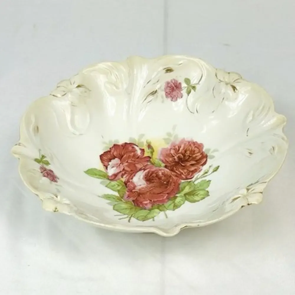 PS Germany Hand Painted Serving Bowl Antique Roses Floral Gold Highlights 10.5